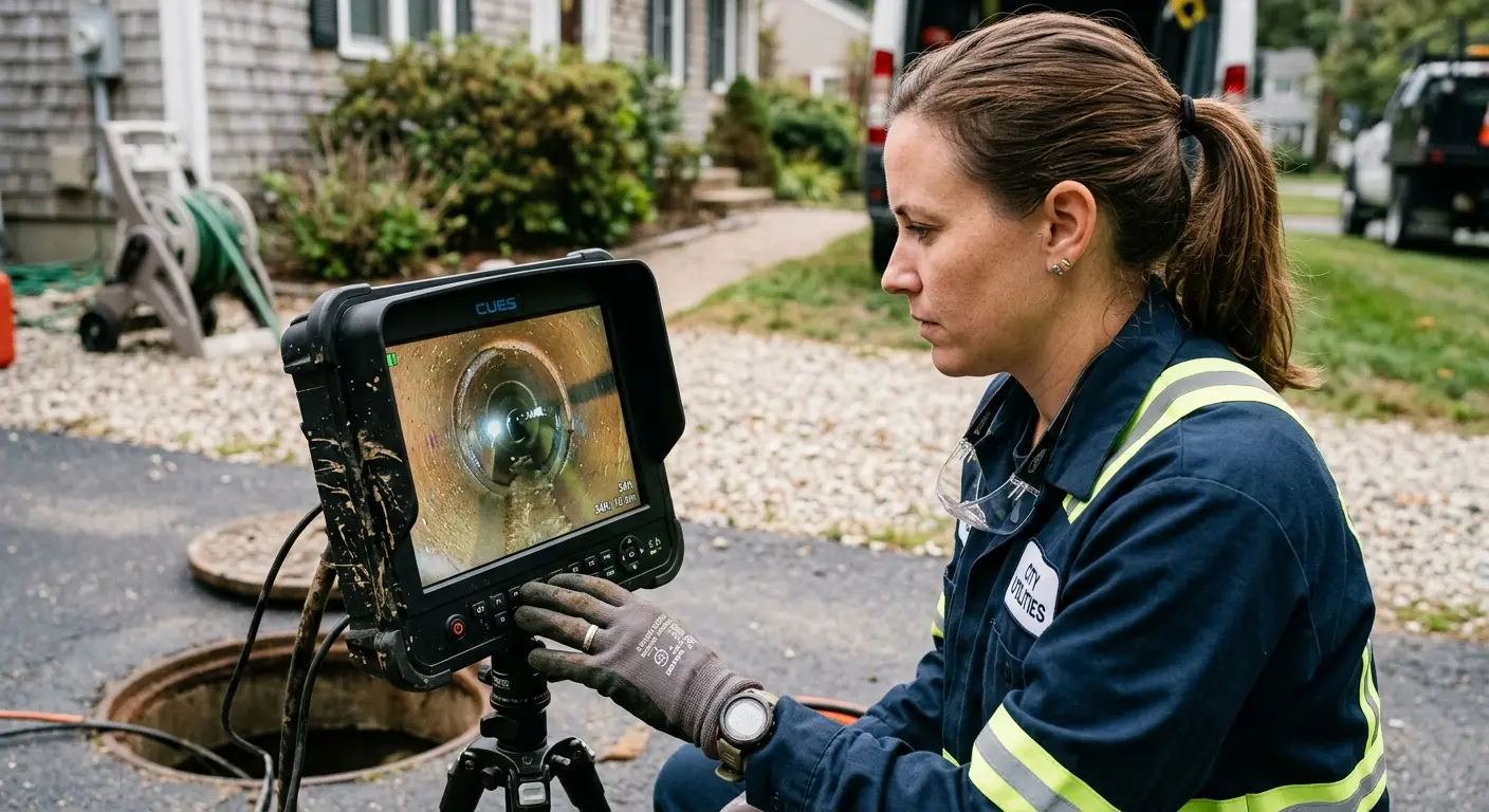 Technician reviewing sewer camera inspection footage in Vineland