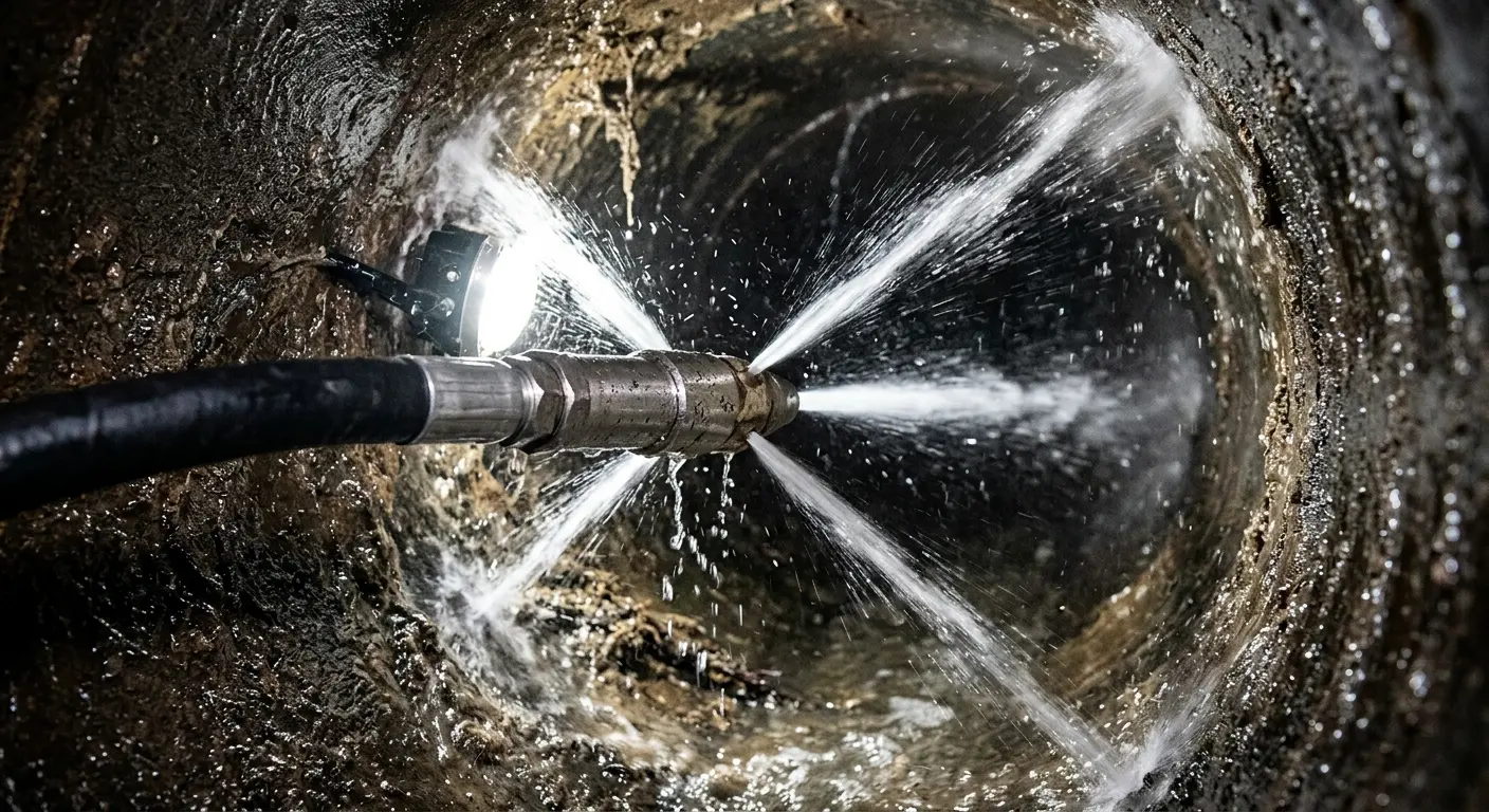 High-pressure hydro jetting nozzle cleaning sewer pipe for Emergency Drain Service in Vineland