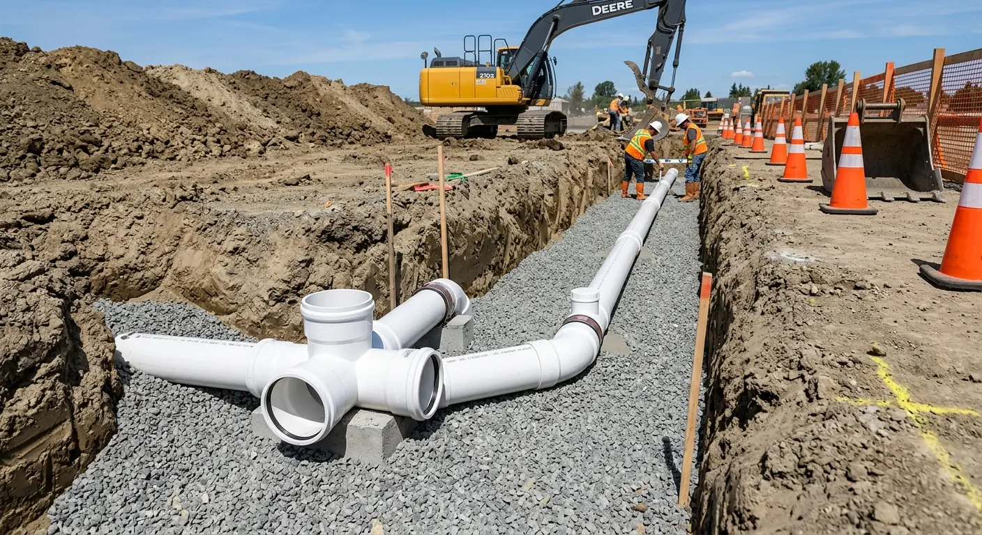New PVC sewer pipe installation in open trench for Sewer Backup in Vineland